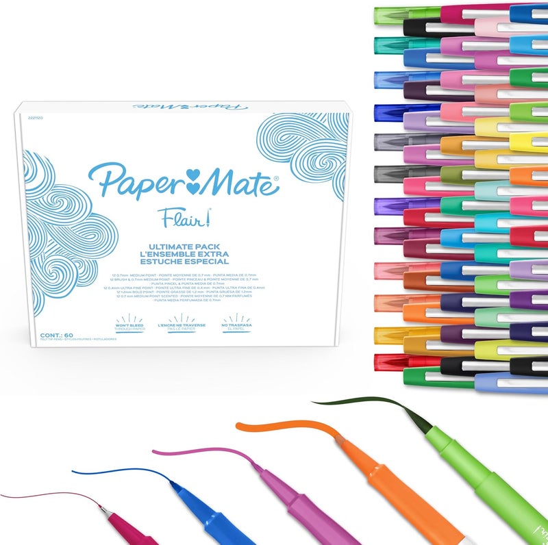 Papermate Flair Felt Tip Pens Ultimate Pack, Features 5 Different Types of Pens, Assorted Colors, 60 Count - Creative Fun, Classroom Essentials, Teacher Supplies, Arts & Crafts - Image 1